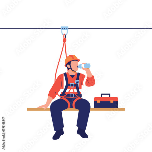 Construction worker in a safety harness taking a break, sitting on a high beam and drinking water from a bottle.