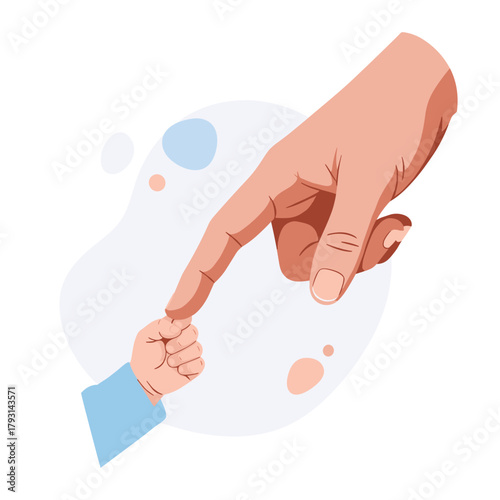Symbolic and heartwarming illustration of a tiny newborn baby's hand holding onto an adult's finger, representing trust.