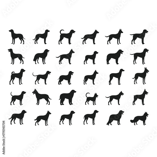 A repeating pattern of black dog silhouettes on a white background
