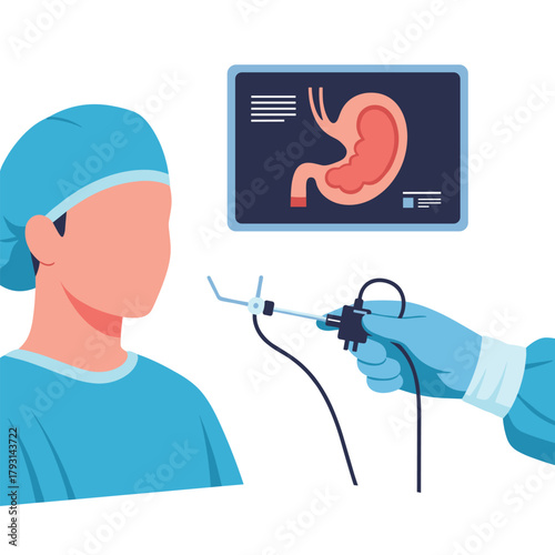Medical illustration of a gastroenterologist performing an endoscopy, with an image of the stomach displayed on a monitor.