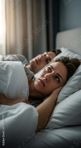 Young woman with insomnia lying awake in bed next to a sleeping man. Sleepless night due to anxiety or relationship problems concept.