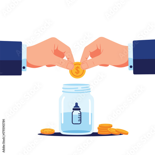 Two hands putting money into a savings jar with a baby bottle icon, symbolizing saving for a child's future or surrogacy.