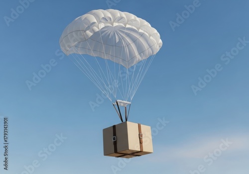 Airdrop delivery package suspended from a parachute against a clear blue sky