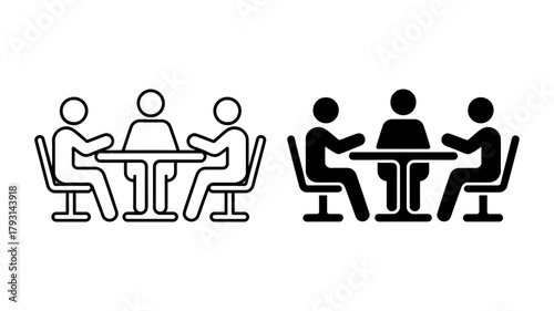 Illustration of three people sitting at a table, depicted in both a line drawing and a solid black silhouette
