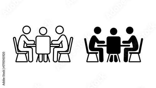 Meeting, conference, or discussion icon business team, people sitting at table, talking, and working together vector illustration of collaboration