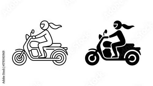 Icon illustration of a woman riding a scooter with a helmet on, shown in both outline and solid black versions