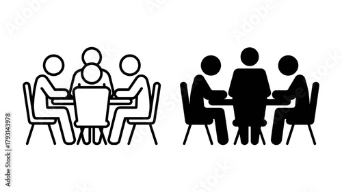 Illustration of four people sitting at a table, depicted in both a line drawing and a solid black silhouette