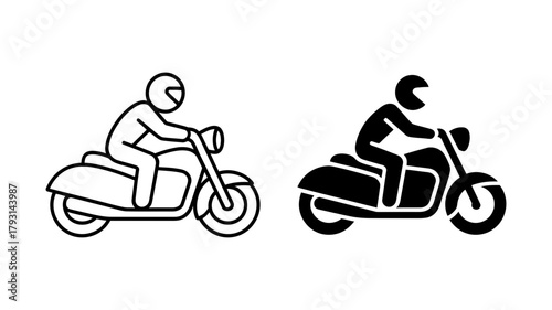 Icon illustration of a man riding a motorcycle with a helmet on, shown in both outline and solid black versions