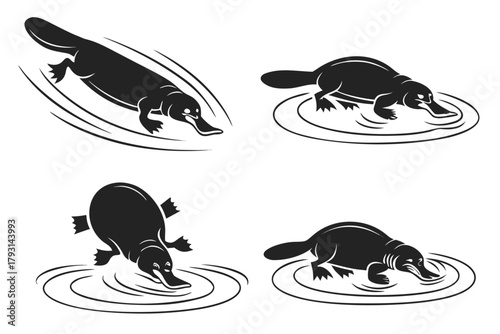 Minimalist platypus icon set in water