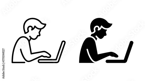 Illustration of a person working on a laptop, one in black and one in white