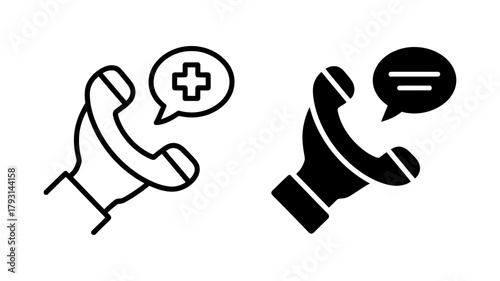 Emergency call icon set medical help line symbol hotline support service vector illustration of a telephone receiver with a speech bubble