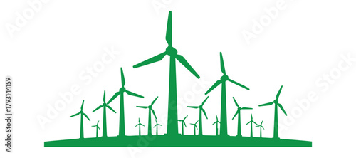 Wind energy plant towers. Icon representing a windmill. Concept of environmentally friendly energy. Symbolizing renewable, sustainable, and alternative energy. Vector illustration.