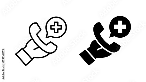 Emergency call icon set medical help line symbol hotline support service vector illustration of a telephone receiver with a speech bubble