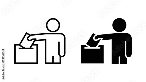 Icon illustration of a person casting a vote, , representing democracy, elections, civic duty, and political participation in a simple design