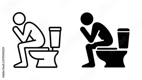 Icon illustration of a person sitting on a toilet, , depicting bathroom use, hygiene, health, and related themes in a simple design