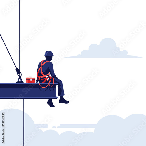 Silhouette of a high-rise construction worker in a safety harness taking a break on a steel beam high above the clouds.