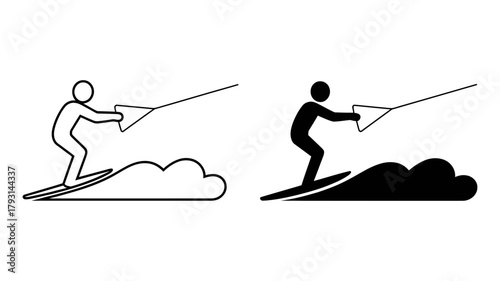 A person wakeboarding on water, depicted in both outline and solid black, showcasing the sports dynamic movement and minimalist design