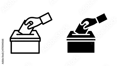Icon illustration of a hand casting a vote, , representing democracy, elections, civic duty, and political participation in a simple design