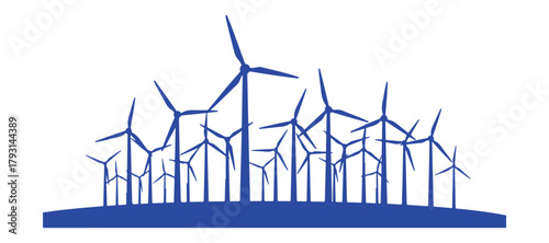 Towers of a wind power plant. Windmill graphic. Eco energy idea. Represents eco-friendly, renewable, sustainable, and alternative energy. Vector illustration.