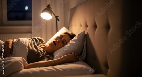 Woman sleeping on a bed at night with her mouth open. Sleep apnea, snoring, or a bad night's rest concept. Healthy habit.