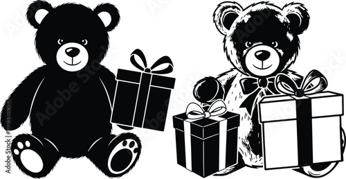 Two teddy bears present gifts in black and white illustration