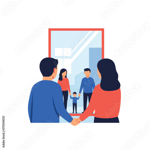 Hopeful couple looking into a mirror that reflects their future, showing them as a happy family with a young child.