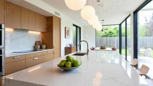 A modern, minimalist kitchen with a sleek and open layout