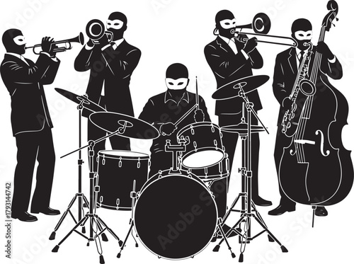 Masquerade Jazz Band Drummer Trumpet Bass Player Silhouette Vector