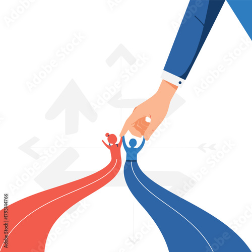 Large hand guiding two small figures on merging paths, representing mentorship, leadership, guidance, and making choices.