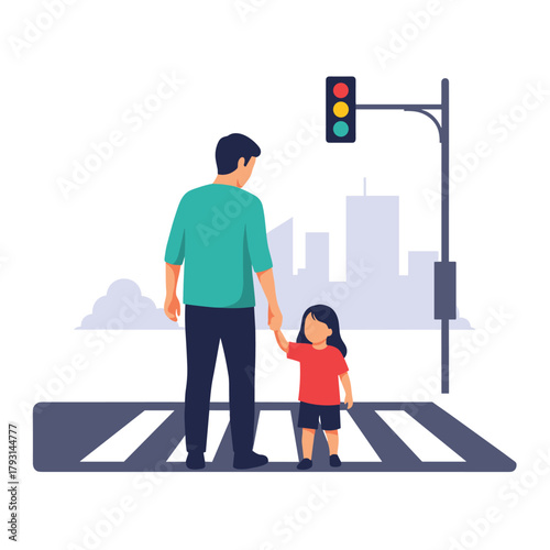 Father teaching his daughter about road safety by holding her hand and waiting patiently at a city crosswalk with a traffic light.