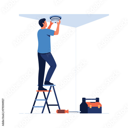 Man on a stepladder performing home maintenance by installing or checking the battery in a ceiling-mounted smoke alarm.