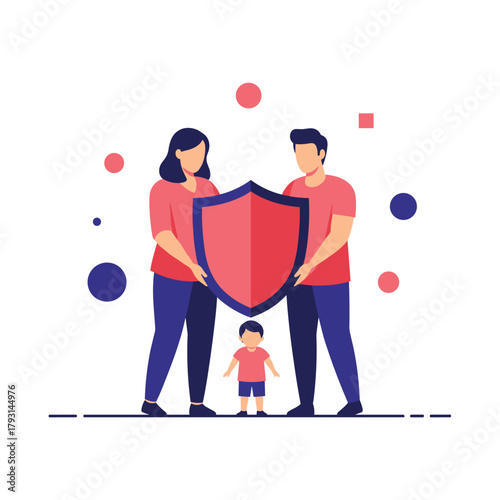 Loving parents holding a large shield to protect their small child, representing family security, safety, and insurance.