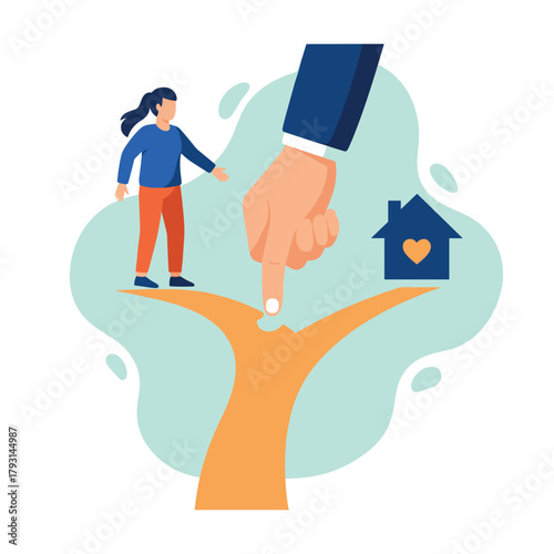 Conceptual illustration of a large hand pointing a woman towards a house at a fork in the road, symbolizing a life choice.