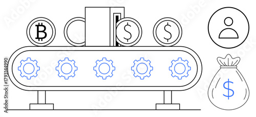 Coins with cryptocurrency and dollar symbols move on a gear-driven conveyor. Wallet icon represents storage, person icon shows users, and money bag symbolizes profits. Ideal for finance, technology