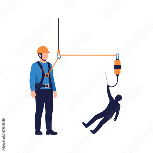 Diagram demonstrating how a horizontal lifeline and self-retracting lifeline work to arrest the fall of a worker silhouette.