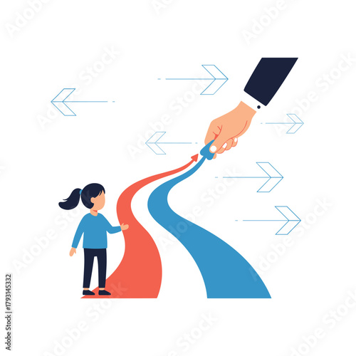 Large hand uses a zipper to merge two different colored paths into one for a young girl, symbolizing guidance and choice.