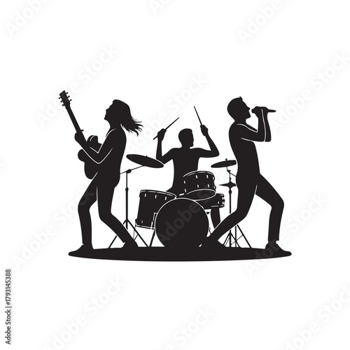 Silhouette of a band performing on stage with a guitarist, drummer, and singer