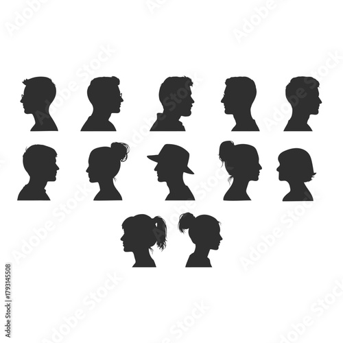 A collection of black silhouette profiles of various people shown