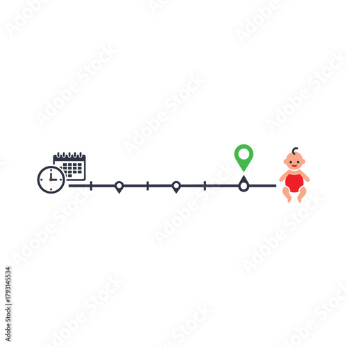 Timeline infographic illustrating the stages and journey of pregnancy, from a calendar icon to the final birth of a baby.
