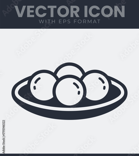 Outline icon showing four spherical food items like peas or olives resting in a serving plate, minimalist style