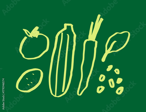 Hand-drawn vegetable line art set. Brush pen sketchy illustration with playful, rough lines. Includes tomato, zucchini, carrot, potato, and spinach. Naive soup ingredient collection 