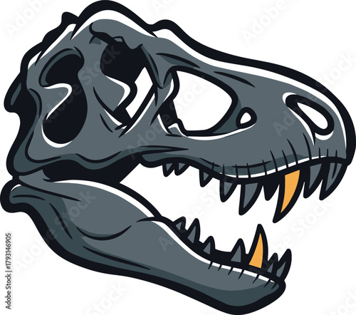 Tyrannosaurus rex skull illustration with sharp teeth, detailed dinosaur fossil head drawing, prehistoric animal bone design, vintage science artwork