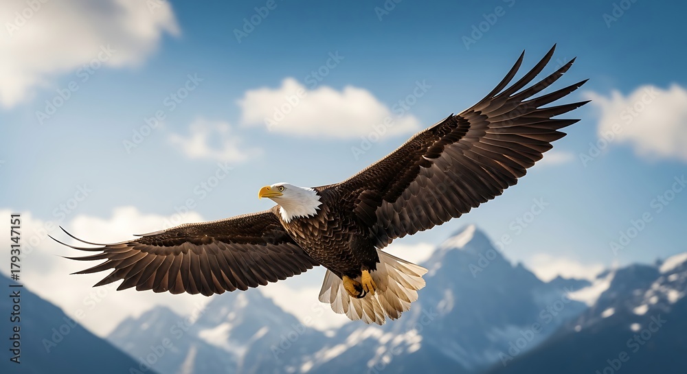 Fototapeta premium Majestic bald eagle soaring through a cloudy mountain sky