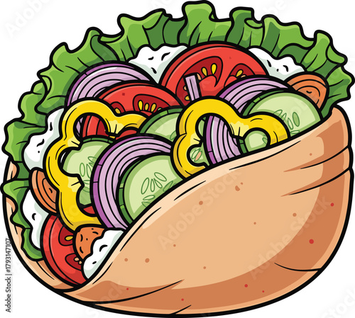 Fresh healthy vegetable pita wrap sandwich with tomato, cucumber, lettuce, onion, and bell pepper, colorful cartoon food illustration design