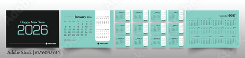 Indonesian calendar 2026 week start Monday corporate design template vector. Cover calendar. Monthly calendar layout. Minimalist modern desk calendar design in horizontal layout. corporate calendar