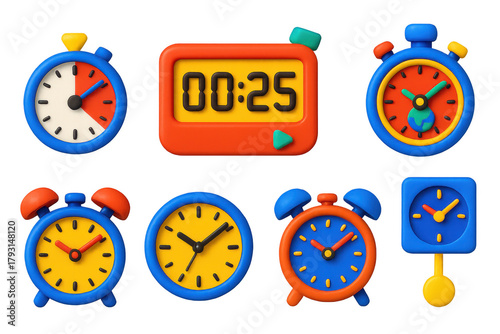 Set of colorful clocks with the time at 0:25