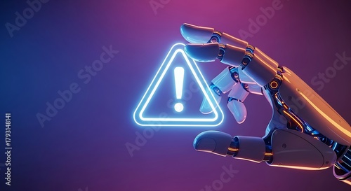 Robot hand holding a glowing warning sign, symbolizing artificial intelligence risks and potential dangers in technology development
