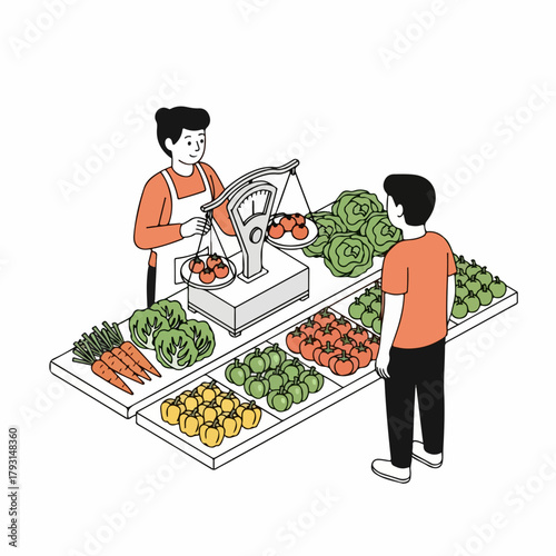 Isometric Line Art Man Buying Vegetable at Market Stall Illustration