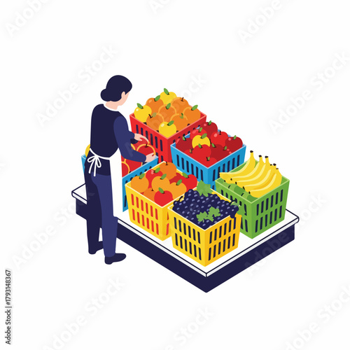 Isometric Illustration Grocer Arranging Fresh Produce At Market Stall