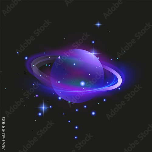 Glowing Purple Planet with Rings in Cosmic Space Neon planet with glowing rings